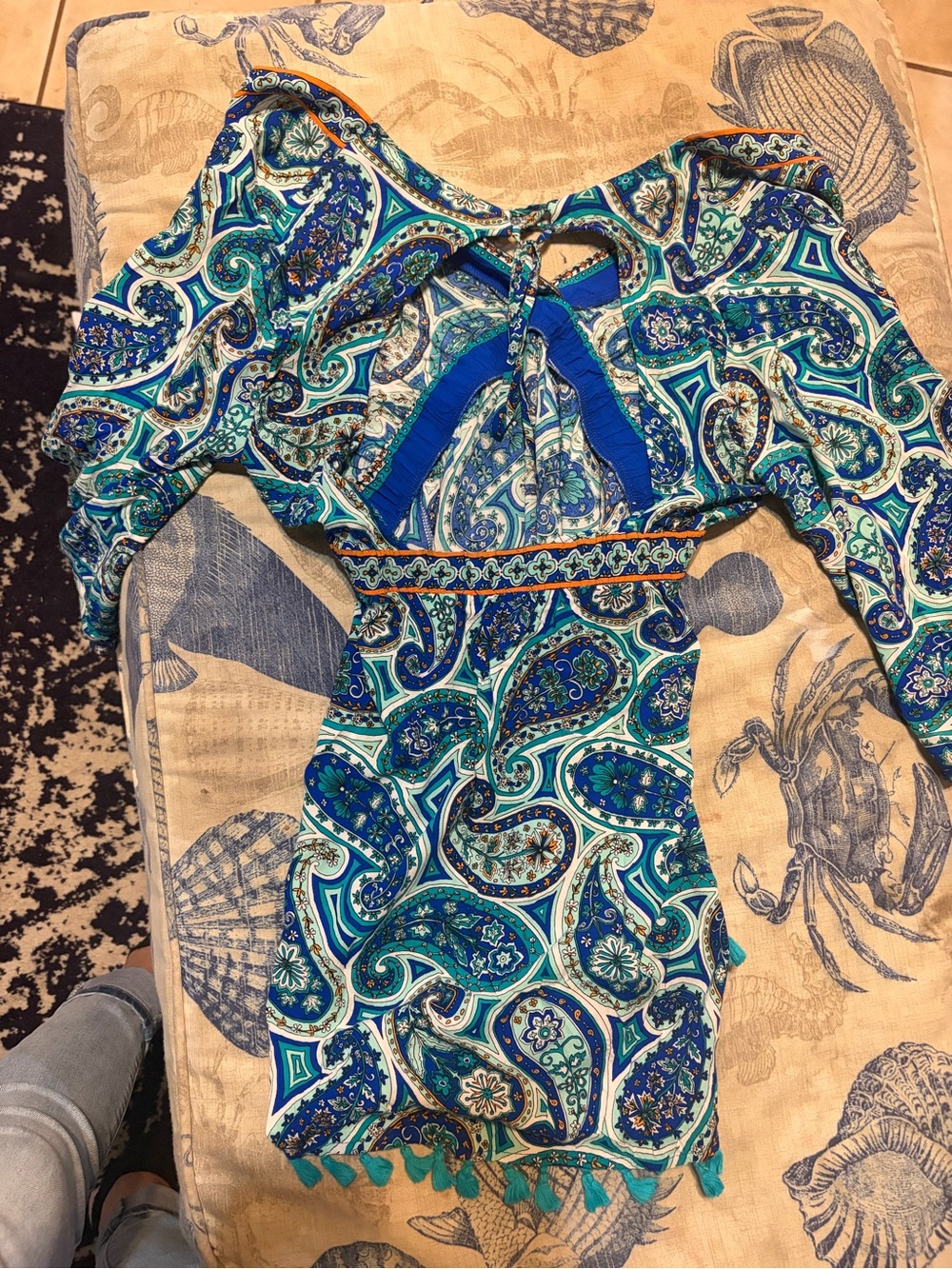 Trina Turk Blue and Teal Paisley Print Dress with Orange Trim